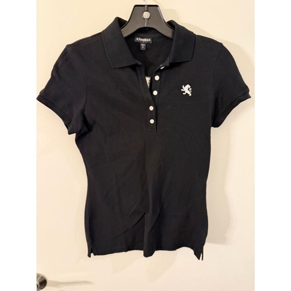 NWT Express Black Button-Front Women’s Polo with White Embroidered Crest